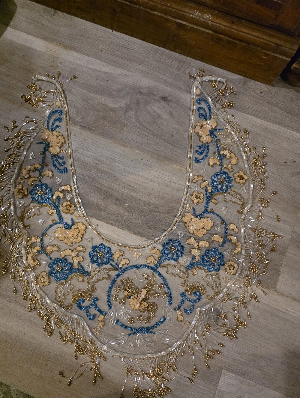 Vintage Hand Beaded Mesh Capelet Collar with Sequin Bird Motif